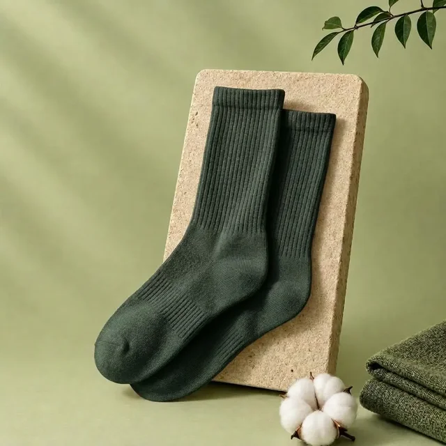 جوراب ساق دار کبریتی ساده رنگ سبز یشمی (زیتونی تیره) نخی ضخیم پاییزی